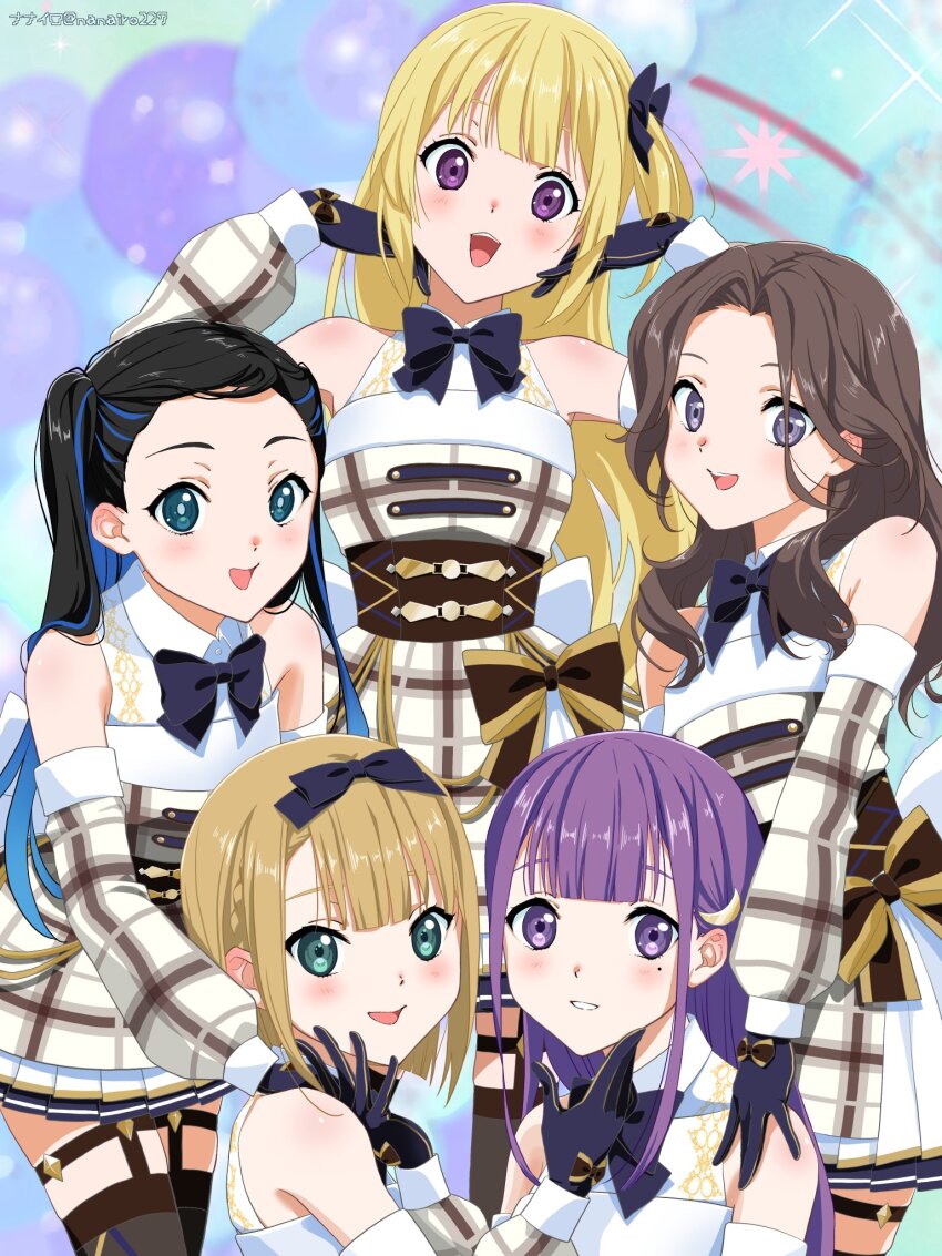 22/7 5girls aqua_eyes aqua_hair artist_name black_hair blonde_hair blue_bow blue_bowtie blue_gloves blue_hairband blurry blush bob_cut bow bow_hairband bowtie brown_hair brown_thighhighs center-flap_bangs curtained_hair depth_of_field detached_sleeves dress fanged_bangs fujima_sakura garter_straps gloves gradient_hair green_eyes grey_eyes hair_bow hair_ornament hairband hand_on_another&#039;s_shoulder hand_on_own_face highres ichinose_hotaru inverted_bob long_hair looking_at_viewer mole mole_under_eye multicolored_hair multiple_girls nanairo_(nanairo227) nishiura_sora one_side_up open_mouth orihara_sumika parted_bangs plaid_clothes plaid_dress pleated_dress purple_eyes purple_hair saito_nicole short_hair smile sparkle standing teeth thighhighs two_side_up upper_teeth_only wavy_hair