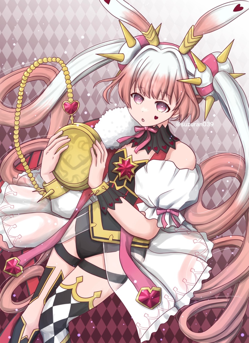 1girl animal_ears asymmetrical_clothes asymmetrical_legwear black_leotard breasts checkered_background checkered_clothes checkered_legwear duel_monster hair_bun hair_ornament heart heart_tattoo highres holding holding_pocket_watch leotard long_hair looking_at_viewer maliss_&lt;p&gt;_white_rabbit medium_breasts multicolored_hair open_mouth pink_eyes pocket_watch rabbit_ears rabbit_girl solo spiked_wristband suzuran039 tattoo thigh_strap twintails twitter_username two-tone_hair very_long_hair watch yu-gi-oh!