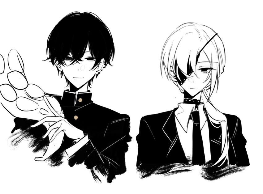 1boy 1girl business_suit chainsaw_man chinese_commentary closed_mouth collared_shirt ear_piercing earrings expressionless eyepatch formal_clothes hair_between_eyes head_tilt highres jewelry light_smile long_hair long_sleeves looking_at_viewer looking_to_the_side low_ponytail mole mole_under_mouth monochrome necktie piercing ponytail quanxi_(chainsaw_man) school_uniform shade shirt short_hair suit tentacles white_background xixixijiangjiangjiang yoshida_hirofumi