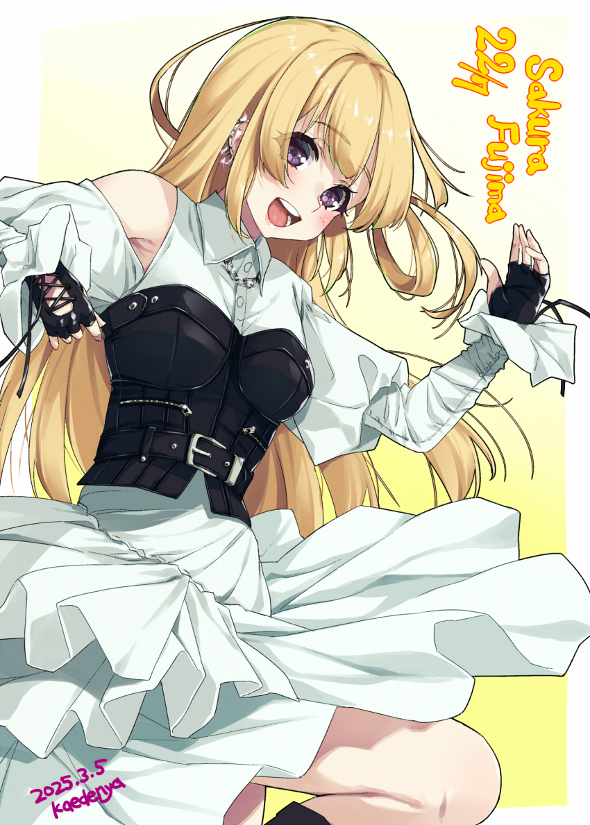 1girl 22/7 :d artist_name belt belt_buckle black_belt black_boots black_gloves blonde_hair bodice boots border buckle character_name collared_dress copyright_name dancing dated dress feet_out_of_frame fingerless_gloves floating_hair fujima_sakura gloves group_name hair_rings highres kisairo_kaede leg_up long_hair long_sleeves one_side_up open_mouth purple_eyes rock_wa_shinanai single_hair_ring smile solo teeth upper_teeth_only white_border white_dress yellow_background