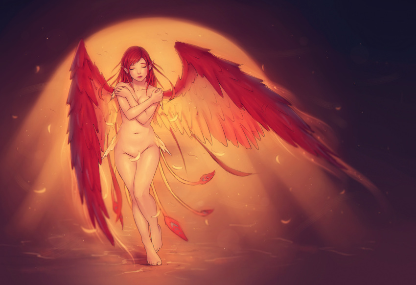 1girl breasts cleavage closed_eyes convenient_censoring covering_breasts covering_privates feathered_wings feathers female_focus final_fantasy gradient_background highres long_hair navel nude personification phoenix_(final_fantasy) pointy_ears red_hair solo soranamae standing wings