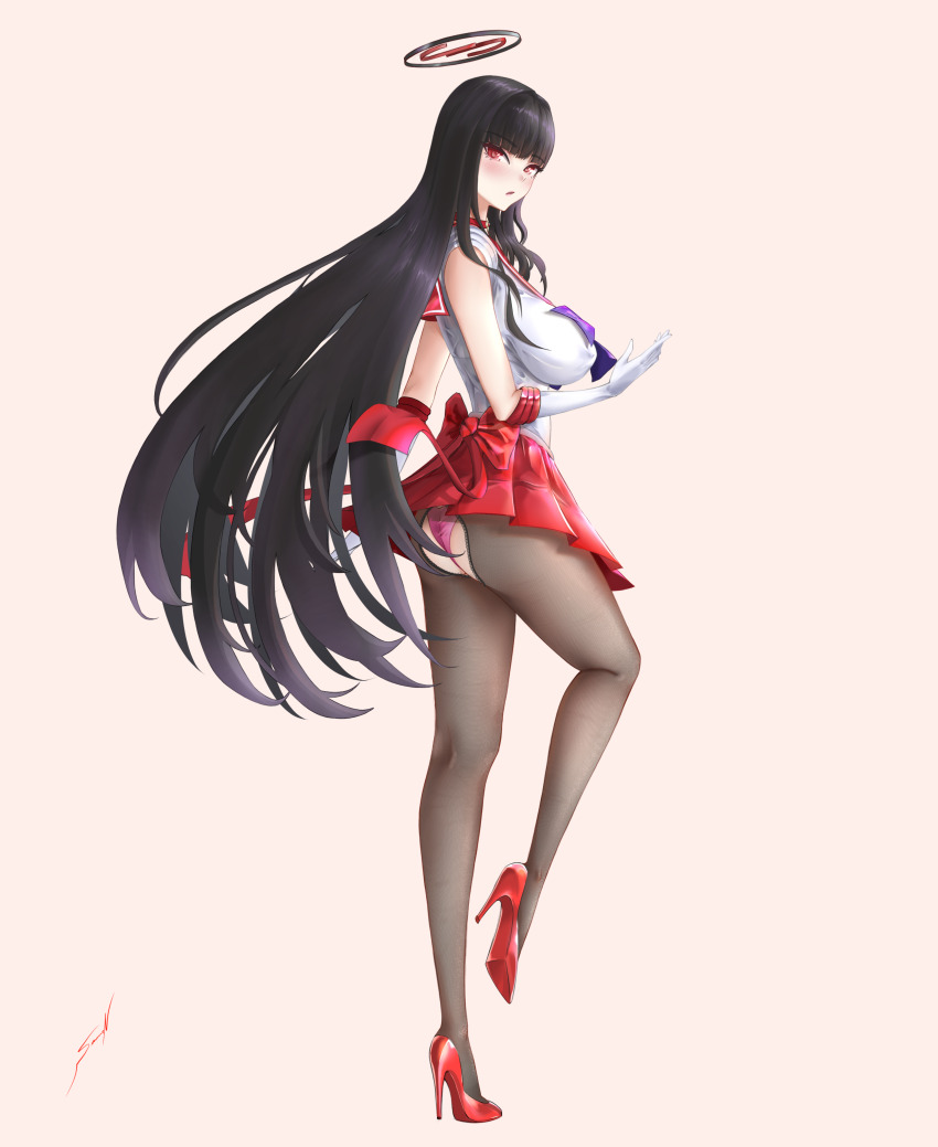 1girl absurdres ass bishoujo_senshi_sailor_moon black_hair blue_archive breasts cosplay elbow_gloves gloves halo highres large_breasts long_hair nijisatara panties panties_under_pantyhose pantyhose red_eyes rio_(blue_archive) sailor_mars sailor_mars_(cosplay) school_uniform serafuku sideboob solo thong underwear white_gloves