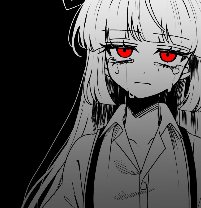 1girl black_background bow closed_mouth collared_shirt commentary crying crying_with_eyes_open fujiwara_no_mokou greyscale hair_bow hashtag-only_commentary highres long_hair looking_at_viewer monochrome red_bow red_eyes sad shirt simple_background solo spot_color suspenders ta_mi_01000 tears touhou