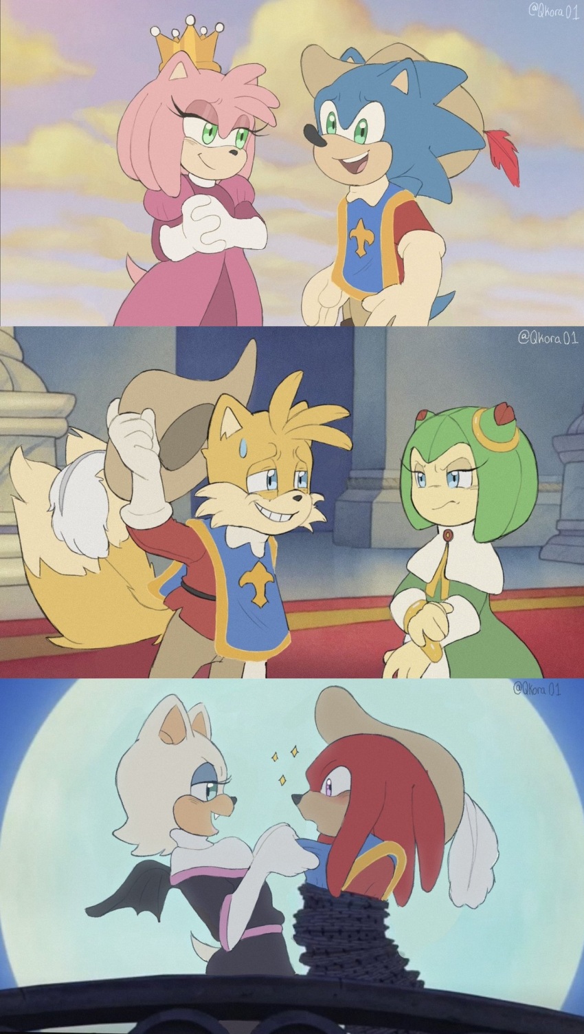 amy_rose boots cape clarabelle_cow cosmo_(sonic) cosmo_the_seedrian cosplay crown daisy_duck disney donald_duck echidna_(animal) fox goofy hat hedgehog highres knuckles_the_echidna mickey_mouse minnie_mouse moon multiple_tails musketeer princess qkora01 roleplay rouge_the_bat sega smile sonic_(series) sonic_the_hedgehog sword tail tails_(sonic) the_three_musketeers tied two_tails weapon