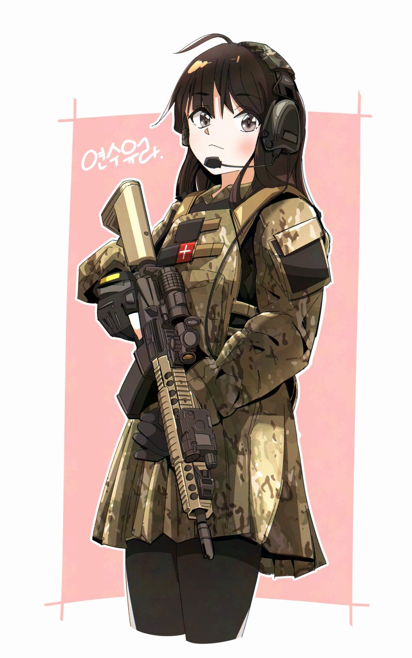 1girl absurdres ahoge ar-15 assault_rifle black_gloves blush borrowed_character brown_eyes brown_hair bulletproof_vest camouflage camouflage_shirt camouflage_skirt cowboy_shot ear_protection fingerless_gloves gloves gun headset highres holding holding_gun holding_weapon korean_text laser_sight long_hair long_sleeves looking_at_viewer military_combat_uniform military_uniform nyagurisushi original pantyhose pink_background rifle scope shirt simple_background skirt solo weapon