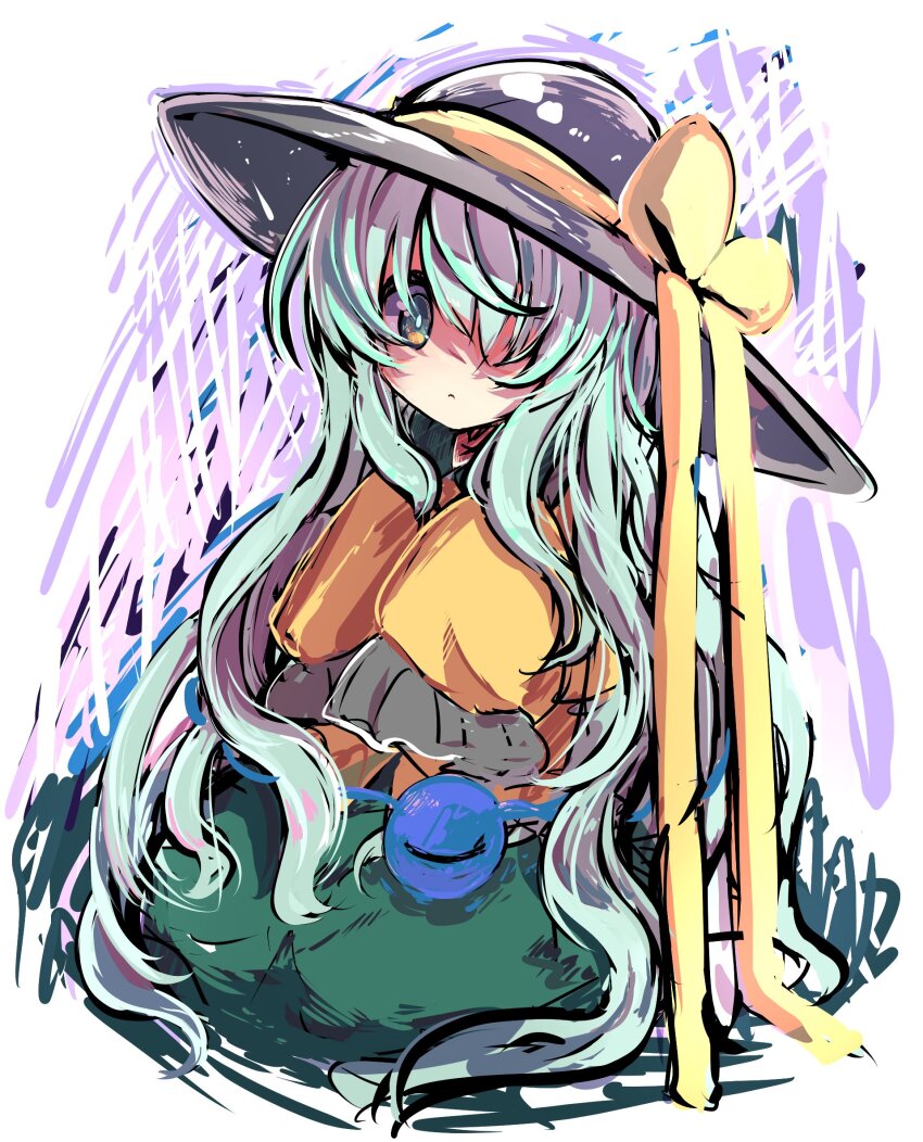 1girl aqua_hair black_hat blouse bow closed_mouth expressionless eyeball frilled_shirt_collar frilled_sleeves frills full_body green_eyes green_skirt hat hat_bow hat_ribbon highres komeiji_koishi long_hair long_ribbon long_sleeves looking_at_viewer one_eye_covered rapameri ribbon shirt simple_background sitting skirt solo third_eye touhou very_long_hair wavy_hair white_background wide_sleeves yellow_bow yellow_ribbon yellow_shirt
