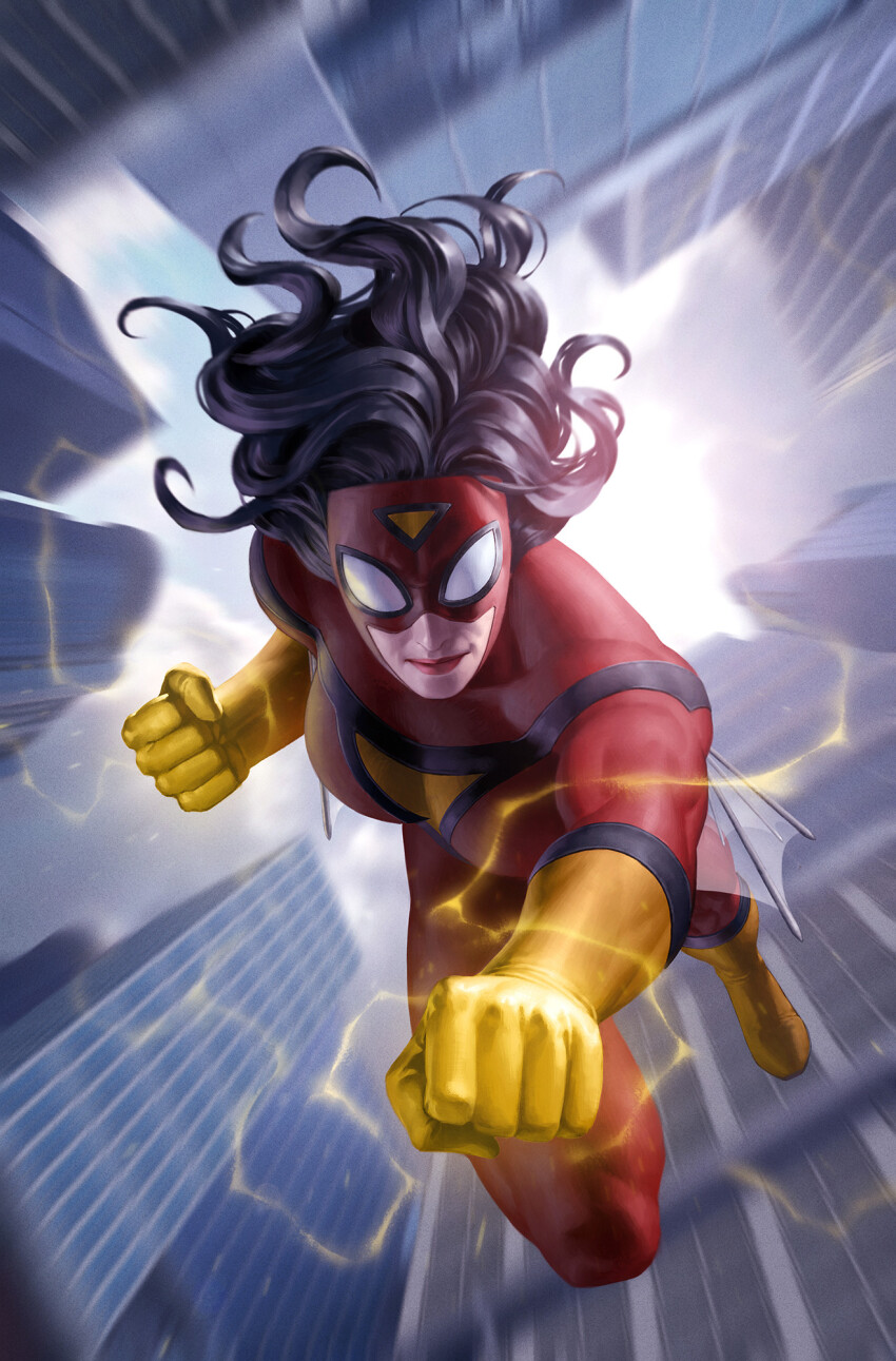 1girl black_hair bodysuit boots building city clenched_hands day gloves highres jessica_drew long_hair looking_at_viewer marvel outdoors red_bodysuit red_mask skyscraper solo spider-man_(series) spider-woman yellow_boots yellow_gloves yoon_junggeun