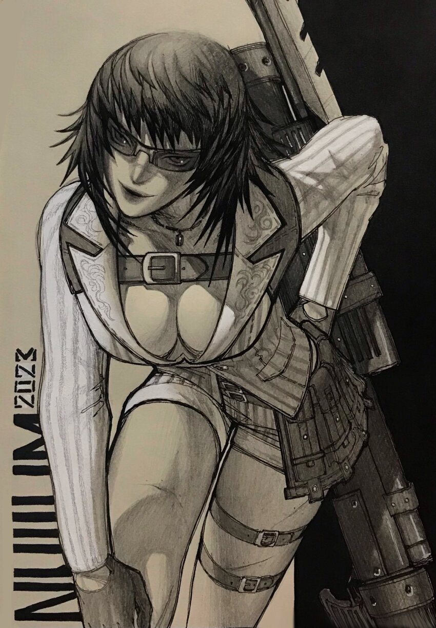 1girl artist_name black_hair breasts cleavage devil_may_cry devil_may_cry_(series) devil_may_cry_4 gloves highres jacket jewelry kalina_ann_(weapon) lady_(devil_may_cry) leaning_forward necklace nullum777 rocket_launcher shorts smile solo sunglasses weapon white_jacket white_shorts