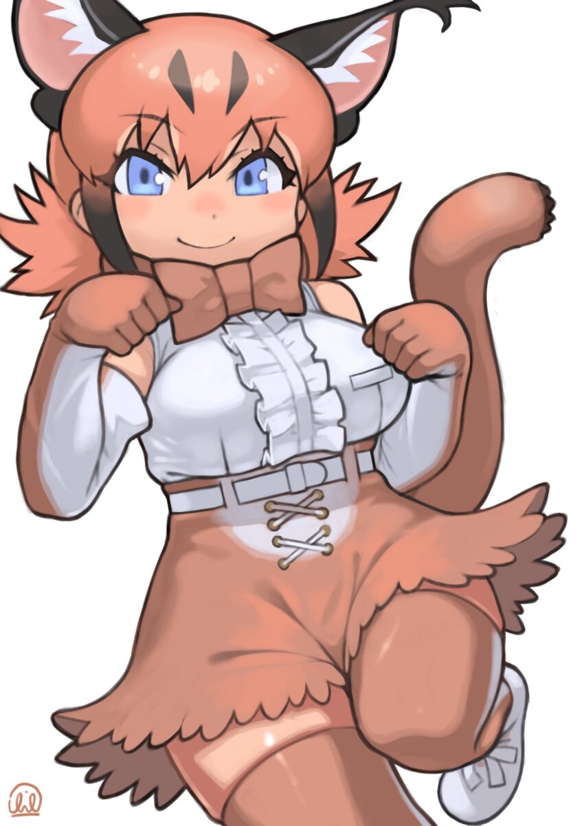 1girl animal_ears belt blue_eyes bow bowtie caracal_(kemono_friends) cat_ears cat_girl cat_tail elbow_gloves extra_ears gloves highres kemono_friends long_hair looking_at_viewer orange_hair rinx shirt shoes simple_background skirt sleeveless sleeveless_shirt solo tail thighhighs