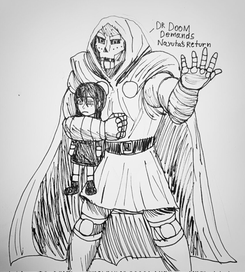 chainsaw_man doctor_doom english_text fantastic_four fujinoneku highres marvel nayuta_(chainsaw_man) sketch white_background