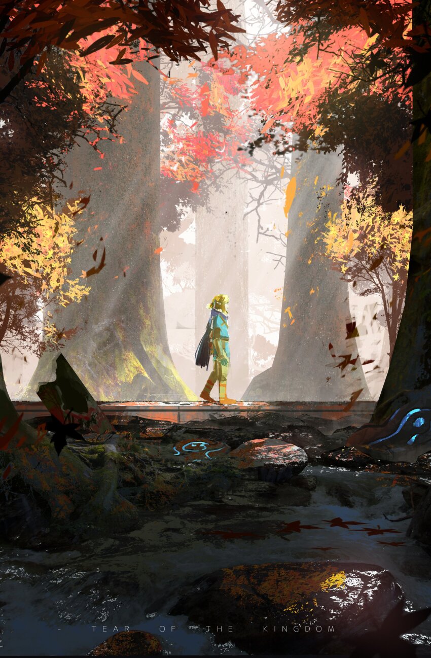1boy absurdres arms_at_sides asteroid_ill autumn autumn_leaves blonde_hair blue_cape blue_shirt boots cape commentary english_commentary falling_leaves forest from_side full_body highres leaf link log looking_ahead male_focus maple_leaf nature nintendo scenery shirt solo the_legend_of_zelda the_legend_of_zelda:_tears_of_the_kingdom tree typo walking wide_shot