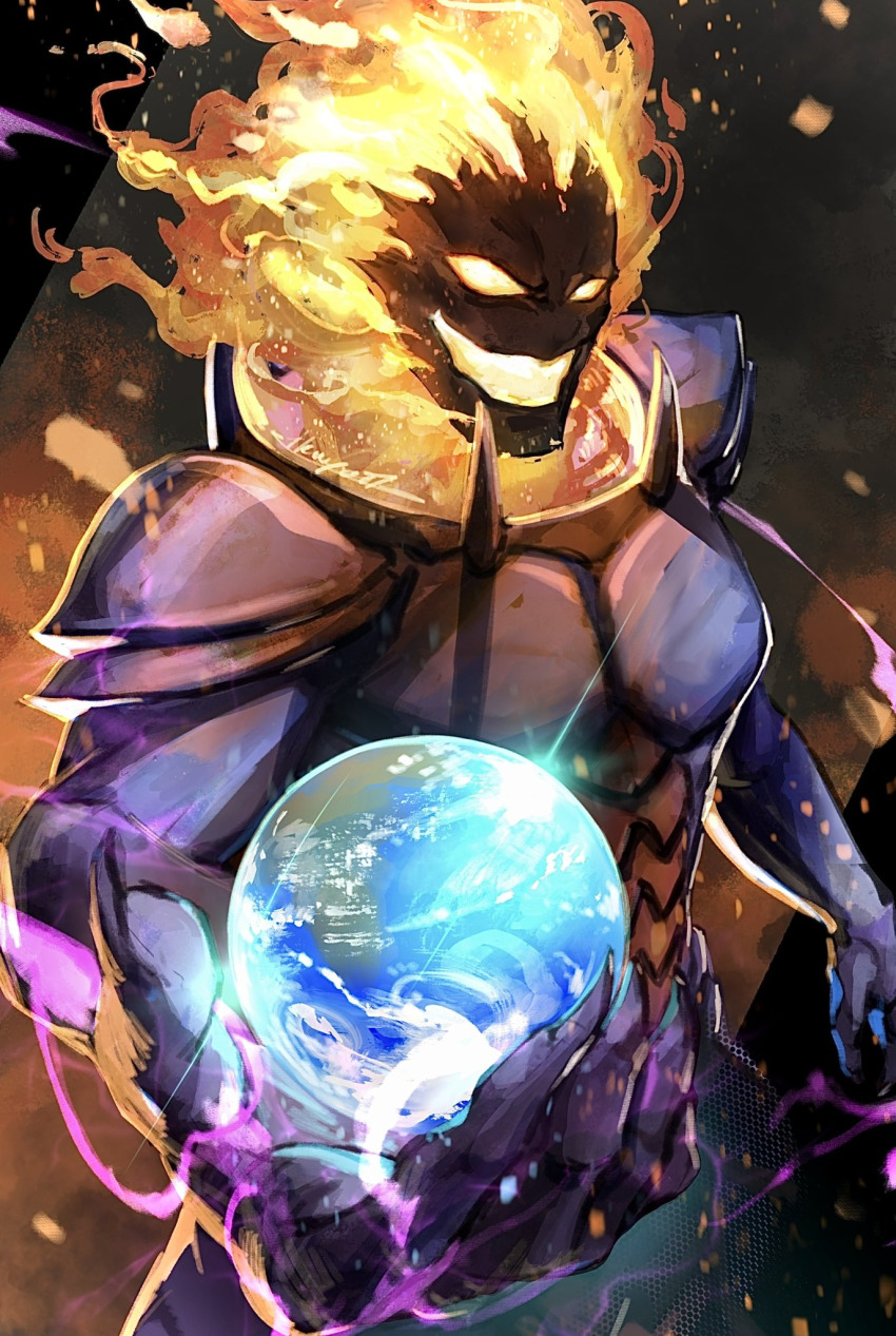 1boy :d armor cape claws demon demon_boy dormammu eldritch_abomination embers fire flaming_head glowing grin highres holding holding_planet ikuyoan male_focus marvel open_mouth pectorals purple_armor simple_background smile solo upper_body