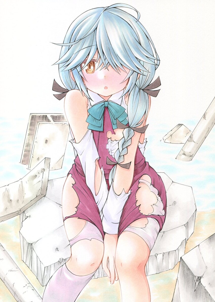 1girl braid brown_eyes collared_shirt dress dress_shirt feet_out_of_frame furuta_tomohiro grey_hair grey_pantyhose hair_over_eyes hair_over_one_eye hair_over_shoulder halter_dress halterneck hamanami_(kancolle) highres kantai_collection pantyhose purple_dress shirt single_braid solo torn_clothes white_shirt