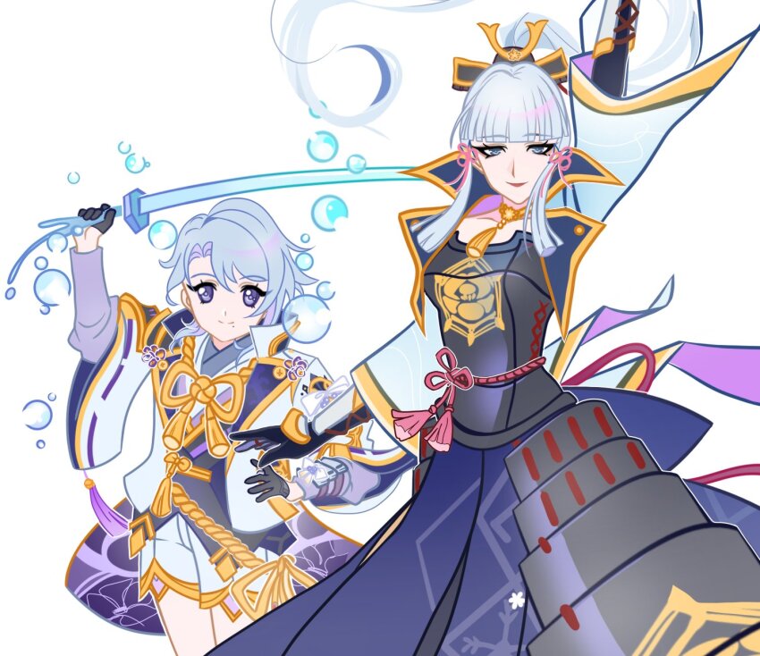 1boy 1girl arm_up armor ayaka_(genshin_impact) bad_id bad_twitter_id black_gloves black_vest blue_eyes blue_hair blue_hakama blue_jacket blunt_bangs blunt_tresses bracer breastplate bubble buttons cape chocofish choker closed_mouth collared_jacket commentary cowboy_shot elbow_gloves english_commentary eyelashes floating_hair floral_print flower_knot genshin_impact gloves hair_floating_upwards hair_ribbon hakama hakama_skirt hand_on_own_hip happy height_difference highres holding holding_sword holding_weapon jacket japanese_armor japanese_clothes kamisato_ayato kimono kusazuri lapels lipstick long_sleeves makeup mole mole_under_eye neck_tassel notched_lapels open_clothes open_jacket parted_bangs pink_ribbon purple_cape red_lips ribbon ribbon-trimmed_sleeves ribbon_trim short_hair shorts sidelocks simple_background skirt smile swept_bangs sword tassel vest waist_ribbon weapon white_background white_jacket white_kimono white_shorts wide_sleeves yellow_choker yellow_ribbon