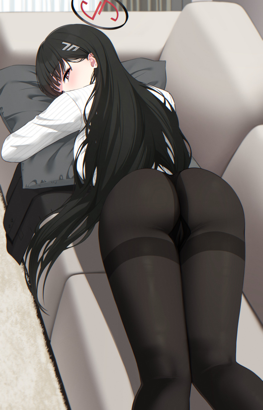 1girl ass black_hair black_jacket black_pantyhose blue_archive breast_press breasts commentary couch hair_ornament hairclip halo highres huge_breasts hugging_object indoors jacket living_room long_hair long_sleeves looking_at_viewer looking_back lying on_couch on_stomach panties panties_under_pantyhose pantyhose pillow pillow_hug red_eyes ribbed_sweater ringed_eyes rio_(blue_archive) solo sweater thighband_pantyhose thighs underwear unworn_jacket very_long_hair white_sweater ziroqon