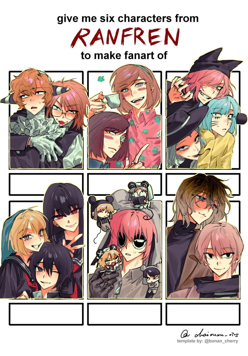 absurdres animal_hat avalona black_serafuku brown_hair cat_hat chaixuxu0705 clown dual_persona english_text facial_mark hat highres hitchhiker_a_(randal&#039;s_friends) hitchhiker_b_(randal&#039;s_friends) kinder_surprised_michael_jr. luther_von_ivory mouse_boy mouse_hat mouse_tail multiple_drawing_challenge nana_(randal&#039;s_friends) nyen_(randal&#039;s_friends) nyon_(randal&#039;s_friends) pink_hair present_day_problem_takeuchi_robert randal&#039;s_friends randal_ivory ratman_3_(randal&#039;s_friends) ratman_4_(randal&#039;s_friends) ratman_5_(randal&#039;s_friends) school_uniform sebastian_de_tomato_smith_chicken_legs serafuku six_fanarts_challenge spider_girl_(randal&#039;s_friends) tail tsukada_satoru whisker_markings