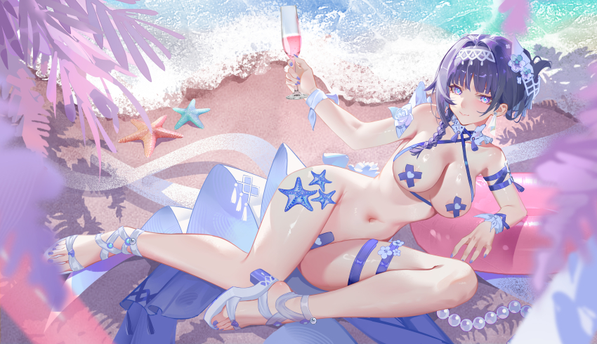 1girl absurdres bandaid bandaid_on_pussy blue_pupils braid breasts chinese_commentary closed_mouth comet-c commentary_request cross cross_pasties cup drinking_glass earrings feet fingernails hair_intakes hair_ornament hairband high_heel_sandals highres holding holding_cup honkai_(series) honkai_impact_3rd jewelry large_breasts light_blush looking_at_viewer lying nail_polish navel nude on_side pasties purple_eyes purple_hair purple_nails raiden_mei raiden_mei_(crooning_tides) raiden_mei_(herrscher_of_origin) sandals shore short_hair smile solo starfish stomach swim_ring thighs toenail_polish toenails toes white_hairband white_sandals
