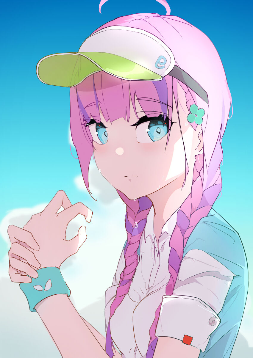 1girl absurdres ahoge braid date_akari guratanchikin hair_ornament heaven_burns_red highres long_hair multicolored_hair purple_hair solo sportswear streaked_hair twin_braids visor_cap