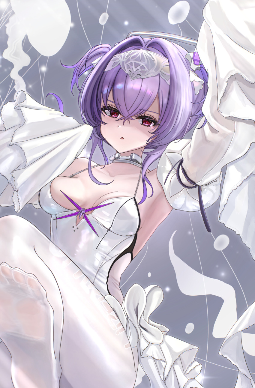 1girl absurdres armpits collarbone commentary_request detached_sleeves goddess_of_victory:_nikke hair_between_eyes hair_intakes headpiece highres leotard liberalio_(nikke) long_sleeves looking_at_viewer pantyhose parted_lips purple_eyes purple_hair short_twintails sleeves_past_fingers sleeves_past_wrists solo sunameri_(pixiv3564245) twintails white_leotard white_pantyhose white_sleeves