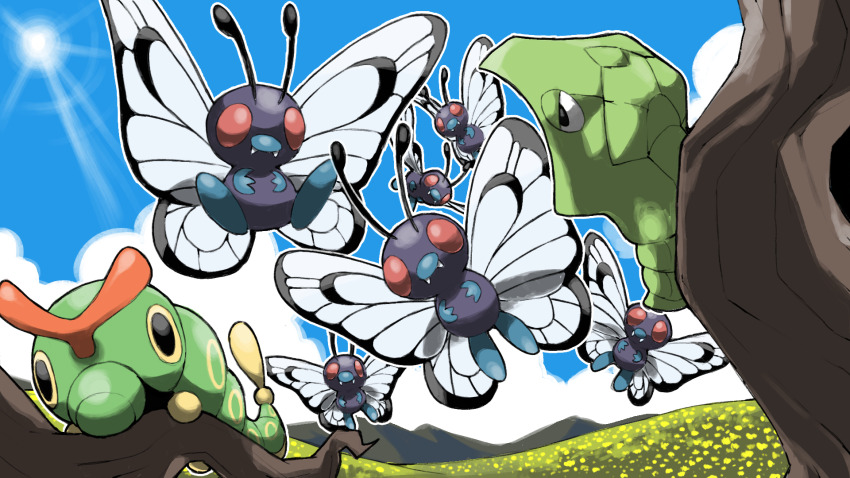animal_focus antennae blacknirrow blue_sky bug butterfree caterpie cloud day evolutionary_line flying gen_1_pokemon half-closed_eyes highres insect_wings metapod nintendo no_humans outdoors outline pokemon pokemon_(creature) pokemon_focus red_eyes sky sun tree white_outline wings