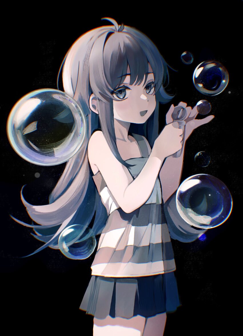 1girl bare_shoulders black_background black_skirt bubble bubble_wand collarbone cowboy_shot from_side grey_eyes grey_hair hands_up highres holding long_hair looking_at_viewer madproject6 miniskirt open_mouth shimako_(yume_2kki) simple_background skirt smile solo striped_clothes striped_tank_top tank_top yume_2kki