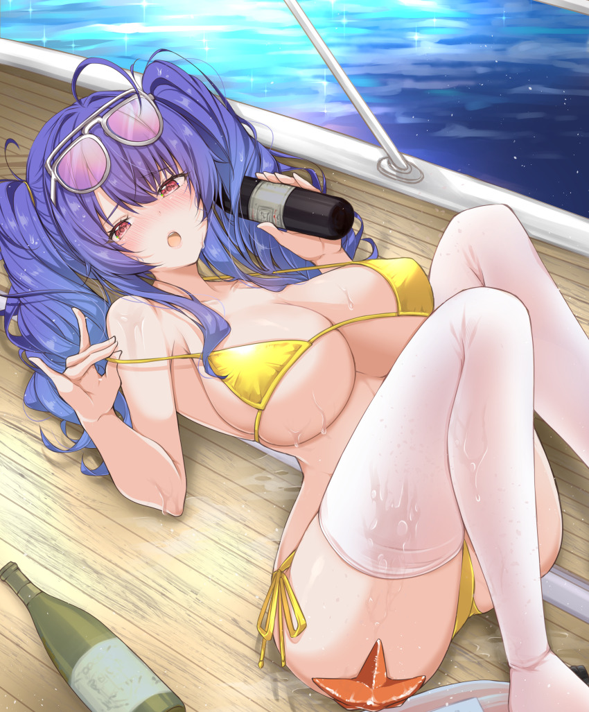 1girl absurdres ahoge azur_lane bikini blue_hair bottle breasts collarbone commission eyewear_on_head highres holding holding_bottle large_breasts mikuchi3939 open_mouth pink_eyes pixiv_commission pola_(azur_lane) pola_(seaside_coincidence)_(azur_lane) ship_deck side-tie_bikini_bottom solo starfish strap_pull swimsuit twintails water wet wet_hair wet_thighhighs yellow_bikini