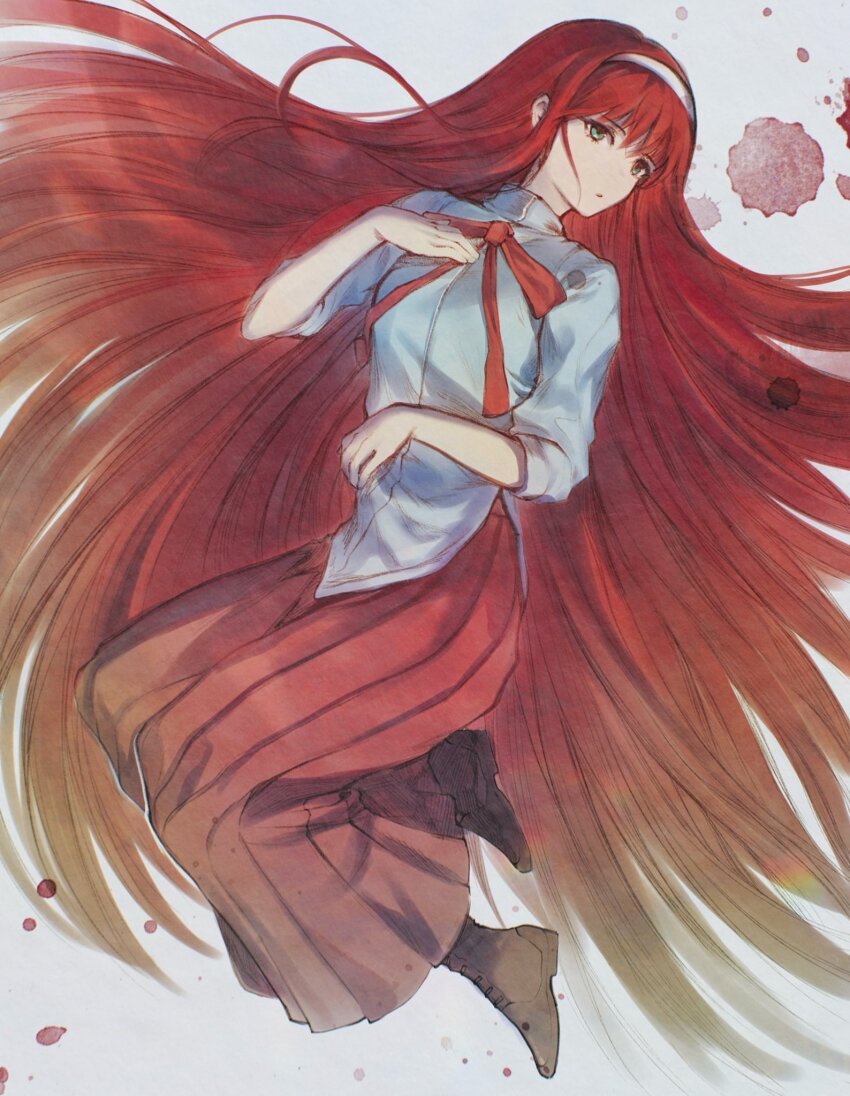 1girl absurdly_long_hair blood blue_eyes blue_shirt boots commentary full_body hand_on_own_chest hashtag-only_commentary highres long_hair long_skirt open_mouth pleated_skirt red_hair red_ribbon red_skirt ribbon shirt skirt solo tara3763 tohno_akiha toono_akiha tsukihime vermillion_akiha very_long_hair