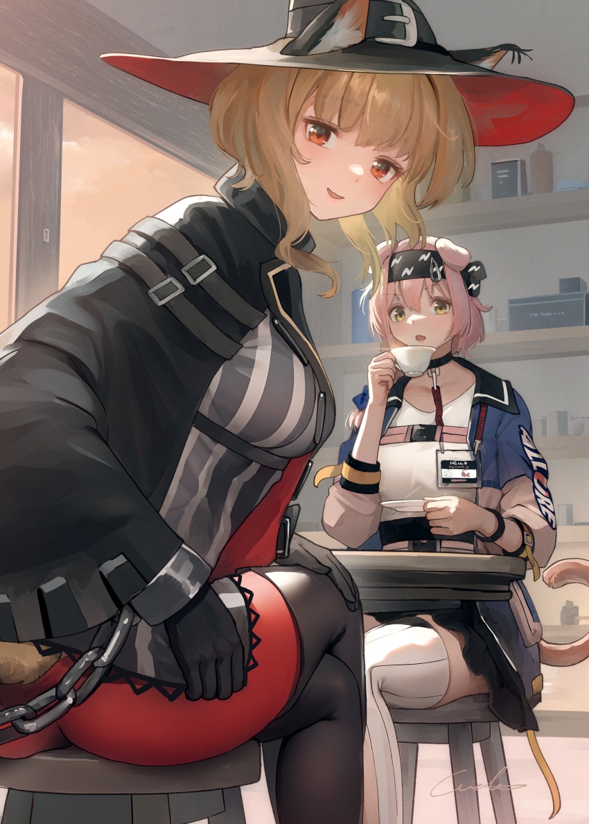 2girls absurdres animal_ears arknights ass black_bow black_gloves black_hairband black_headwear black_jacket black_skirt black_thighhighs blonde_hair blue_bow blue_jacket bow breasts cat_ears cat_girl cat_tail chain clothes_writing cup ears_through_headwear evening feet_out_of_frame floppy_ears gloves goldenglow_(arknights) hair_bow hair_ornament hairband hairclip hat haze_(arknights) highres holding holding_cup id_card indoors jacket lightning_bolt_print long_sleeves looking_at_viewer looking_back medium_breasts multicolored_jacket multiple_girls pantyhose parted_lips pink_hair pink_jacket print_bow print_hairband red_eyes red_pantyhose shelf shirt short_hair signature sitting skirt smile stool tail thighhighs thighhighs_over_pantyhose thighs two-tone_jacket welt_(kinsei_koutenkyoku) white_shirt white_thighhighs window witch_hat yellow_eyes