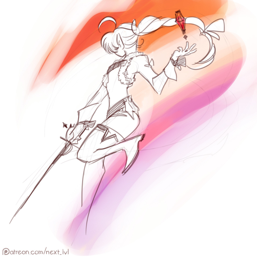 1girl ahoge alisaie_leveilleur boots braid commentary elezen elf english_commentary final_fantasy final_fantasy_xiv floating_hair gloves greyscale holding holding_sword holding_weapon jacket lesbian_flag long_hair monochrome next_lvl patreon_username pointy_ears rapier red_mage_(final_fantasy) single_braid skirt solo spot_color sword thigh_boots weapon
