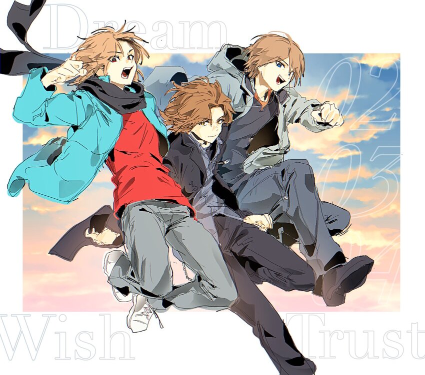 3boys black_footwear black_pants blue_eyes blue_jacket brown_hair commentary english_text highres inui_takumi jacket kamen_rider kamen_rider_555 kamen_rider_blade_(series) kamen_rider_ryuki_(series) kenzaki_kazuma kidou_shinji male_focus multiple_boys open_mouth pants red_shirt shirt symbol-only_commentary verha_spo white_footwear