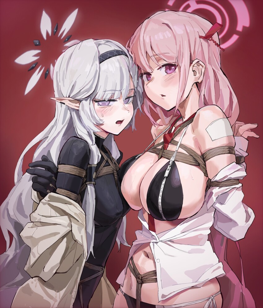 2girls a_tea bare_shoulders bdsm bikini black_bikini black_bodysuit blue_archive bodysuit bondage bound bound_arms breasts covered_erect_nipples crotch_rope eimi_(blue_archive) grey_hair halo headband highres himari_(blue_archive) large_breasts long_hair looking_at_viewer midriff_peek multiple_girls navel necktie open_mouth pink_eyes pointy_ears purple_eyes purple_hair red_necktie shibari shibari_over_clothes skindentation small_breasts standing swimsuit very_long_hair