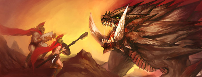 2boys 300_(movie) akantor ancient_greek_clothes beard black_hair capcom cape crossover epic facial_hair greco-roman_clothes helmet leonidas male_focus manly monster_hunter_(series) multiple_boys muscular orenji-kun parody pteruges shield spartan toothbrush toothpaste what