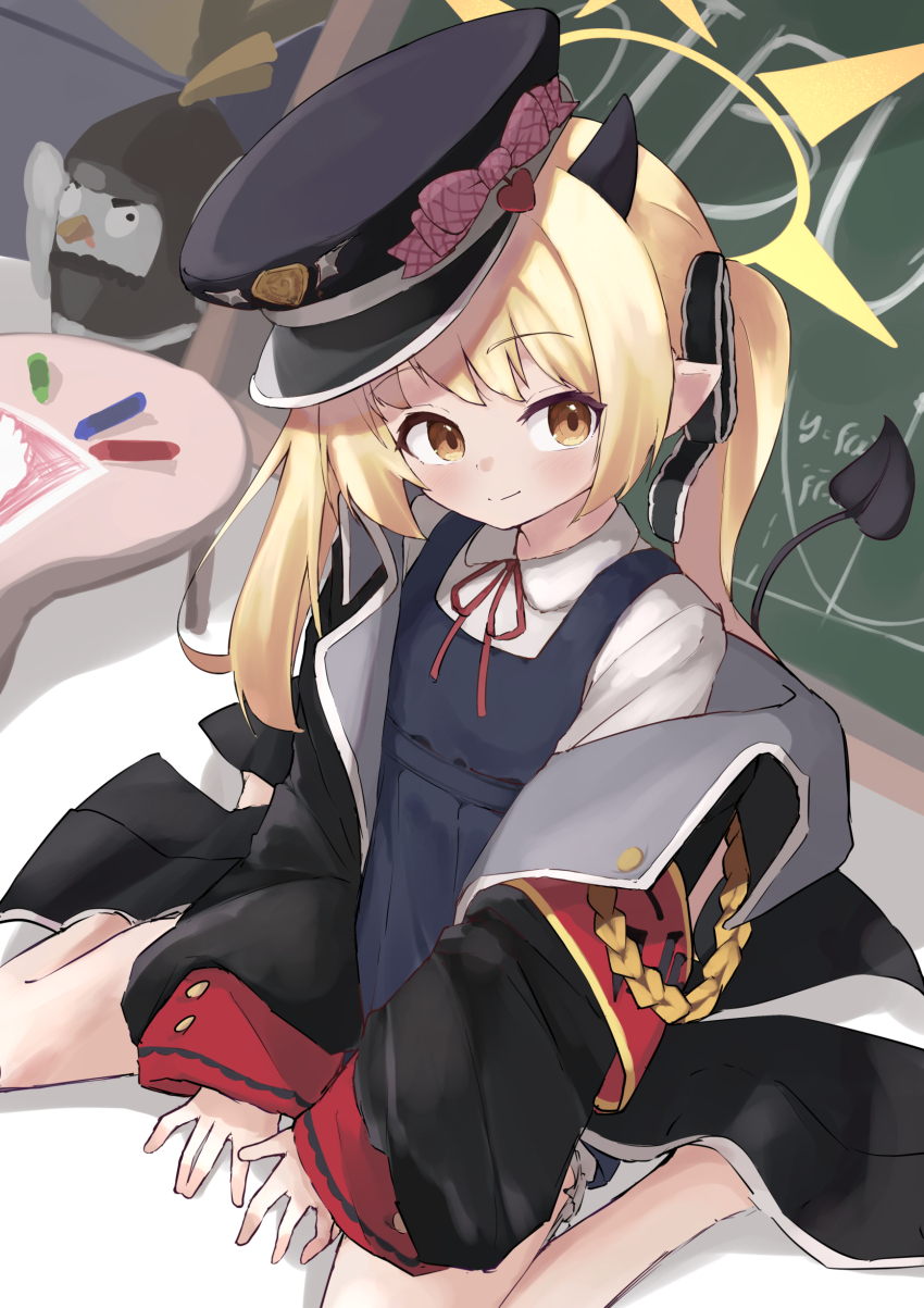 1girl absurdres black_hat black_jacket blonde_hair blue_archive blush bow chalkboard closed_mouth collared_shirt commentary demon_girl demon_horns demon_tail halo hat hat_bow hat_ornament heart heart_hat_ornament highres horns ibuki_(blue_archive) indoors jacket jacket_partially_removed knees_out_of_frame long_hair looking_at_viewer neck_ribbon open_clothes open_jacket osmium-76 peaked_cap peroro_(blue_archive) pink_bow pointy_ears red_ribbon ribbon shirt sidelocks sitting sleeves_past_wrists smile solo split_mouth tail tail_raised twintails wariza white_shirt wide_sleeves yellow_eyes yellow_halo