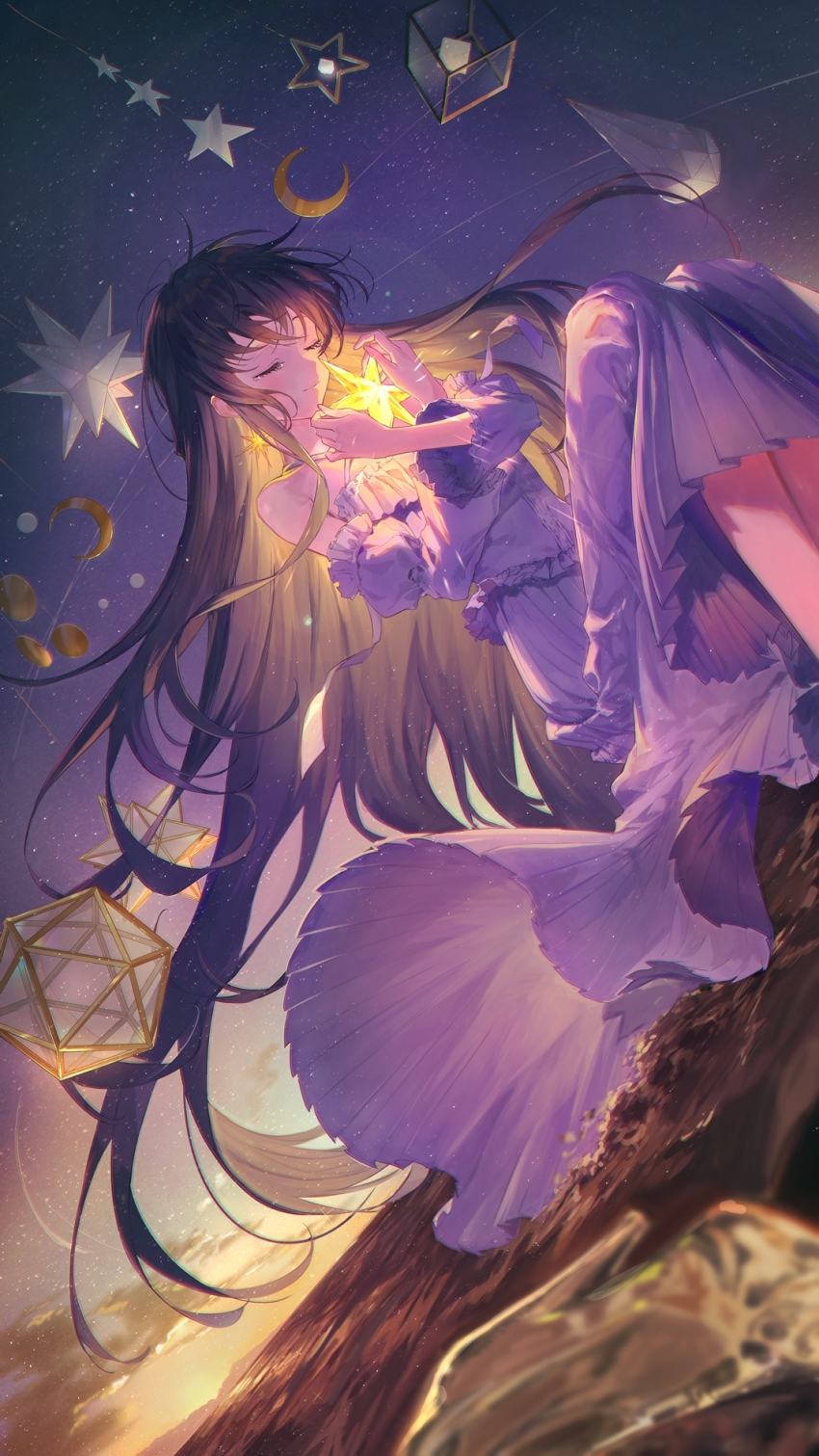 1girl brown_hair closed_eyes closed_mouth commentary crossed_bangs detached_sleeves dress earrings english_commentary feet_out_of_frame highres holding ichikawa_haru icosahedron jewelry light_smile long_dress long_hair long_sleeves night night_sky off-shoulder_dress off_shoulder original pleated_dress sky solo star_(symbol) tearing_up very_long_hair water white_dress white_sleeves