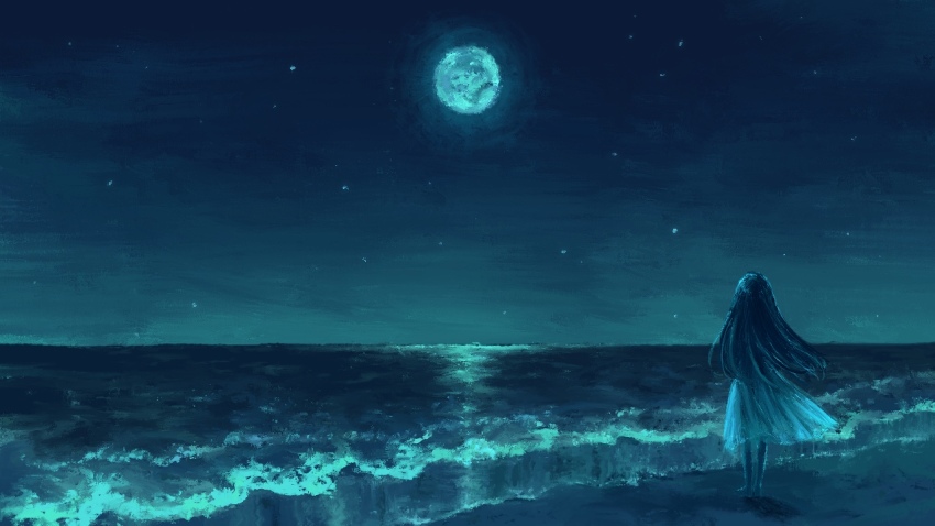 1girl beach commentary_request commission from_behind full_body full_moon horizon long_hair moon night night_sky ocean original outdoors port_(portzzz) scenery skirt sky solo standing star_(sky)