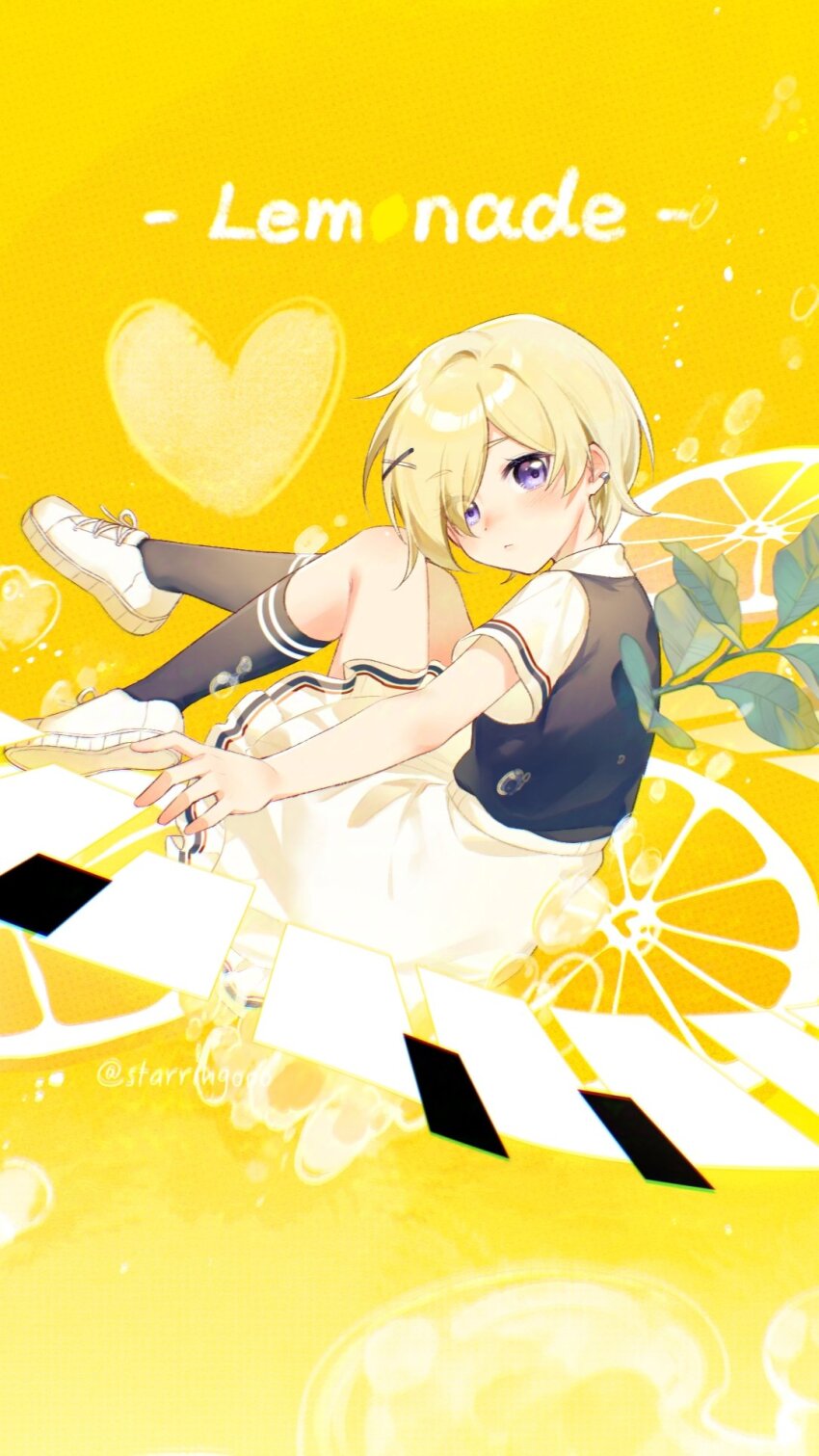 1girl air_bubble black_shirt black_socks blonde_hair blush bubble chinese_commentary closed_mouth collared_shirt commentary_request cropped eyes_visible_through_hair food fruit full_body hair_over_one_eye heart highres lemon lemon_slice lemonade_(love_live!) looking_at_viewer love_live! love_live!_nijigasaki_high_school_idol_club mia_taylor miniskirt official_alternate_costume piano_keys purple_eyes shirt shoes short_hair short_sleeves skirt sneakers socks solo song_name starringooo white_shoes white_skirt white_sleeves yellow_background
