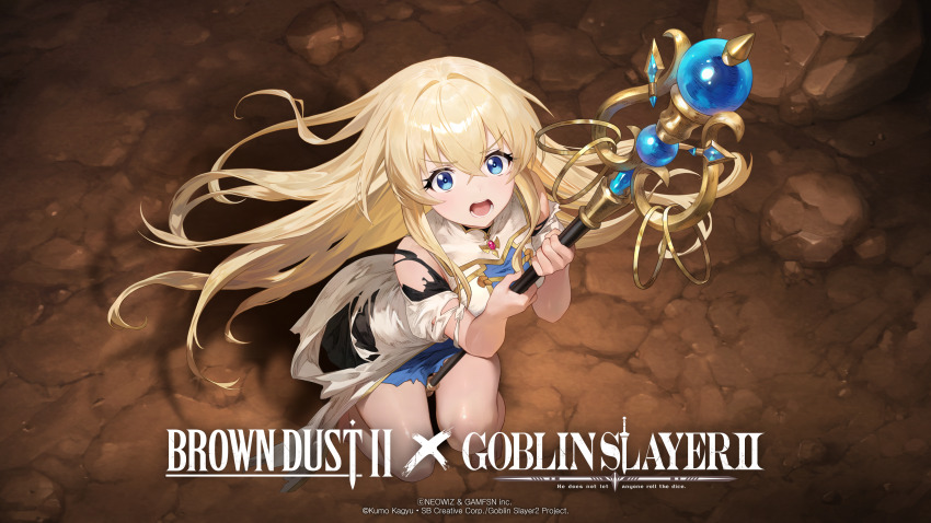 1girl absurdres artist_request bare_legs barefoot blonde_hair blue_eyes brown_dust_(series) brown_dust_2 cave cave_interior dress goblin_slayer! hair_between_eyes highres holding holding_staff long_hair looking_up official_art official_wallpaper open_mouth priestess_(goblin_slayer!) screaming solo staff torn_clothes very_long_hair