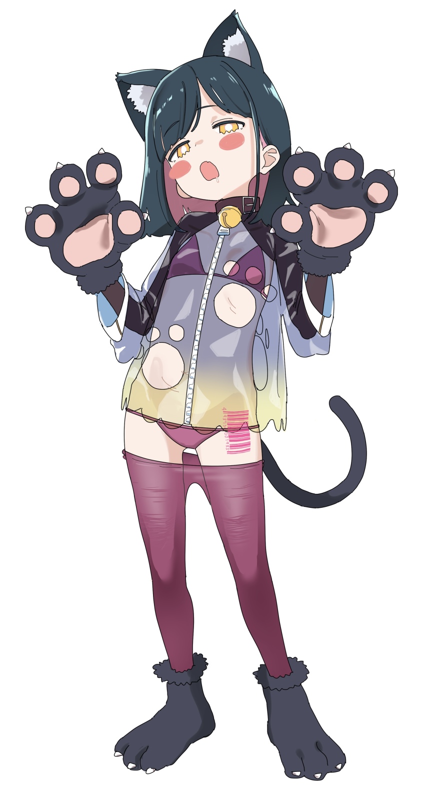 1girl absurdres animal_ears animal_hands barcode barcode_tattoo bell bikini bikini_under_clothes blush_stickers bob_cut cat_ears cat_girl cat_tail clothes_pull commentary_request flat_chest full_body gloves green_hair highres jacket looking_at_viewer medium_hair neck_bell open_mouth orange_eyes original pantyhose pantyhose_pull paw_gloves paw_shoes see-through_clothes see-through_jacket short_hair simple_background solo swimsuit tail tattoo what_a what_a-chan white_background