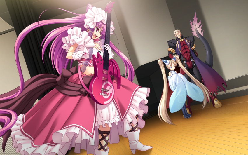 1boy 2girls blonde_hair chu_x_chu!_on_the_move chu_x_chu_idol game_cg guitar highres indoors instrument monster_tail multiple_girls open_mouth pink_hair twintails