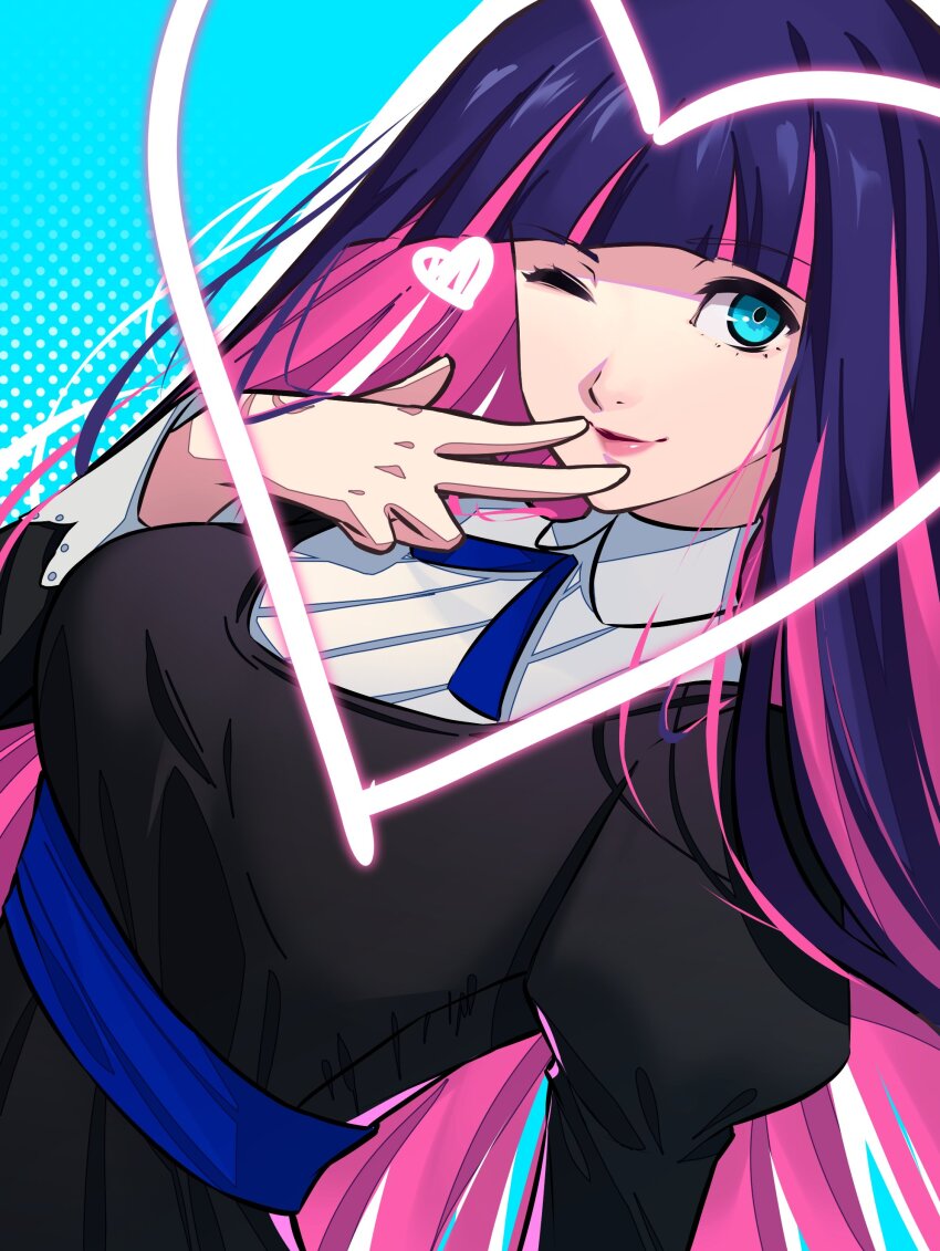 1girl absurdres black_dress blue_background blue_eyes blue_hair blunt_bangs breasts colored_inner_hair commentary dress english_commentary heart highres long_hair looking_at_viewer multicolored_hair one_eye_closed panty_&amp;_stocking_with_garterbelt pink_hair shirt smile solo stocking_(psg) wanderstillart white_shirt