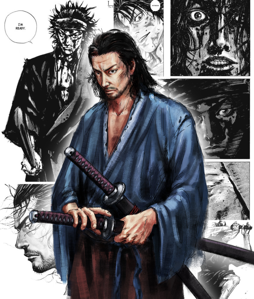 1boy absurdres artist_request black_eyes black_hair concept_art english_text highres katana male_focus manga_(object) miyamoto_musashi_(vagabond) open_mouth samurai short_hair sword text_focus vagabond weapon