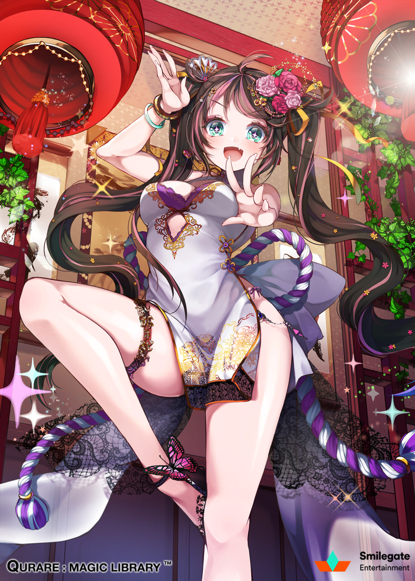 1girl :d ahoge anklet bare_shoulders bracelet breasts brown_hair bug butterfly china_dress chinese_clothes chinese_lantern company_name copyright_name cowboy_shot dress fang female_focus fingernails flower gradient_hair hair_flower hair_ornament hair_ribbon hands_up highres indoors insect jewelry kanola_u leaf leg_up long_hair looking_at_viewer medium_breasts multicolored_hair open_mouth pink_hair plant qurare_magic_library ribbon short_dress side_slit smile solo sparkle standing standing_on_one_leg strapless strapless_dress tassel thigh_strap twintails two-tone_hair v-shaped_eyebrows very_long_hair white_dress yellow_ribbon