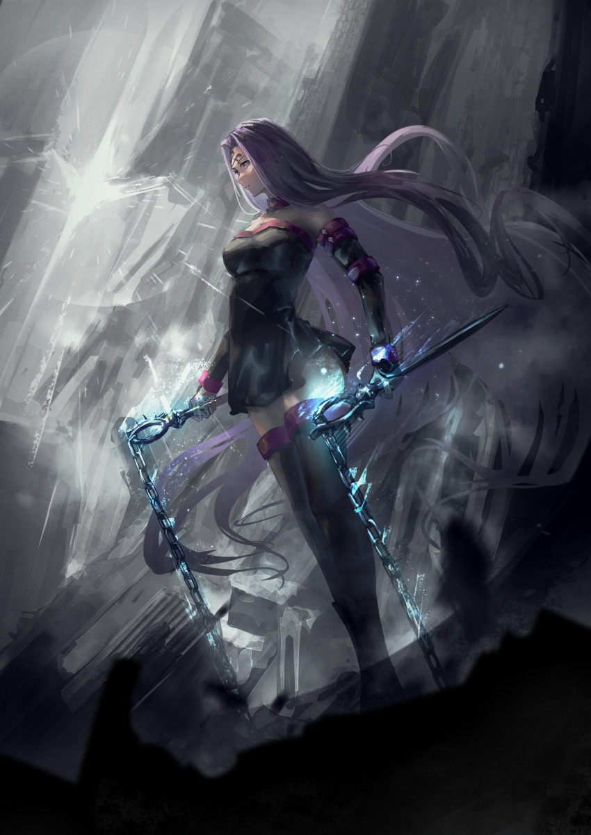 1girl absurdres black_dress commentary dress facial_mark fate/stay_night fate_(series) forehead forehead_mark full_body fuyukono highres long_hair medusa_(fate) medusa_(rider)_(fate) nameless_dagger_(fate) purple_eyes purple_hair solo very_long_hair