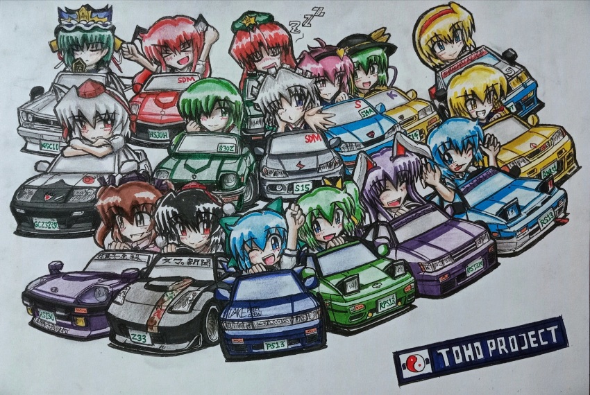 &gt;_&lt; 280z-t2by2_hgs130 6+girls alice_margatroid beret black_hairband black_hat brown_hair car chibi cirno commentary copyright_name daiyousei datsun datsun_240z datsun_260z english_commentary green_car green_eyes green_hair green_hat hairband hat head_wings highres himekaidou_hatate hong_meiling inubashiri_momiji izayoi_sakuya kirisame_marisa koakuma kochiya_sanae komeiji_koishi komeiji_satori motor_vehicle multiple_girls nissan nissan_350z nissan_fairlady_z nissan_silvia nissan_silvia_s13 nissan_silvia_s14 nissan_silvia_s15 nissan_skyline nissan_skyline_gt-r nissan_skyline_r32 one_eye_closed one_eye_covered open_hand pink_hair pop-up_headlights purple_car red_eyes red_hair red_hairband reisen_udongein_inaba shameimaru_aya shiki_eiki short_hair side_ponytail smile sports_car tatara_kogasa tongue tongue_out touhou traditional_media twintails vehicle_focus vehicle_request white_hair wings