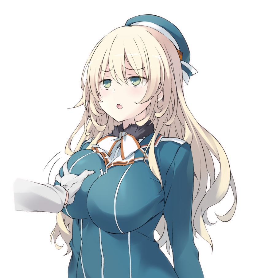 1boy 1girl admiral_(kancolle) atago_(kancolle) beret blonde_hair blush breasts commentary_request gloves grabbing_another&#039;s_breast green_eyes groping hat hetero highres kantai_collection large_breasts long_hair military military_uniform naval_uniform open_mouth out_of_frame sakana_(flame_sakana) simple_background upper_body white_background white_gloves
