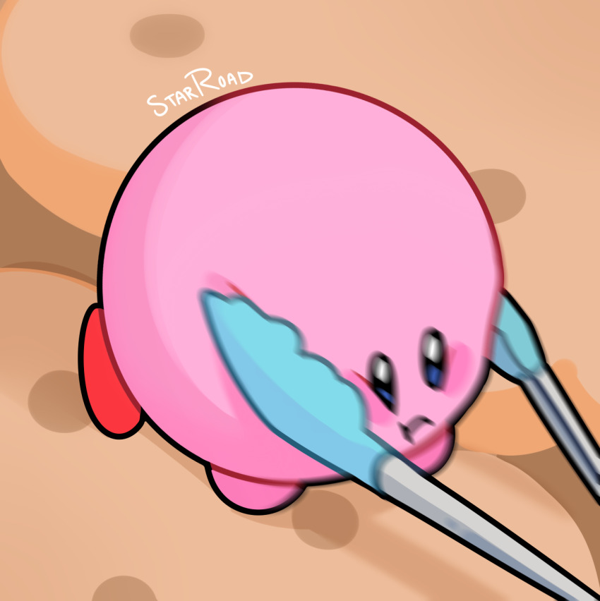 colored_skin highres kirby kirby&#039;s_dream_buffet kirby_(series) motion_lines nintendo no_humans pink_skin signature solid_oval_eyes solo starroad tongs