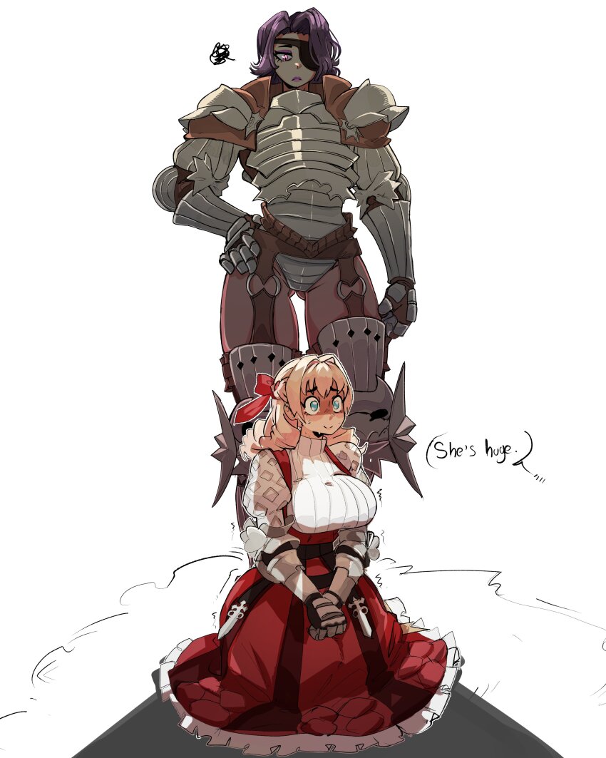 2girls absurdres amalia_(unicorn_overlord) armor armored_leotard blonde_hair breasts cupperexe drill_hair english_text eyepatch female_focus gluteal_fold highres huge_breasts kneeling leotard multiple_girls o-ring_garter_belt partially_shaded_face scarlett_(unicorn_overlord) simple_background speech_bubble standing sweater sweater_under_dress tall_female turtleneck turtleneck_sweater unicorn_overlord