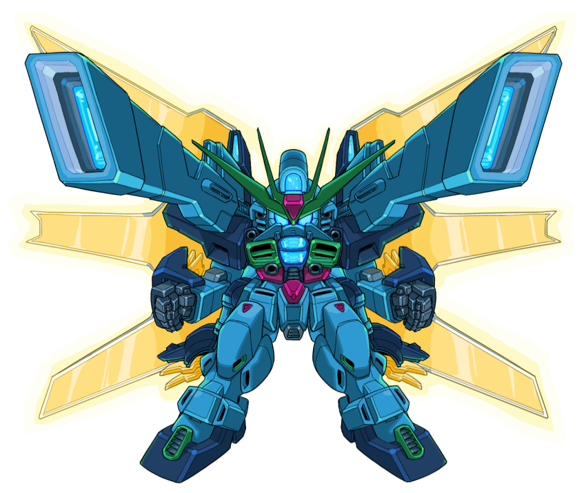 after_war_gundam_x beam_cannon blue_eyes check_commentary chibi clenched_hands commentary commentary_request energy_cannon full_body gundam gundam_double_x haiteku_reibou looking_at_viewer mecha mobile_suit no_humans robot satellite_cannon sd_gundam solo standing v-fin weapon white_background