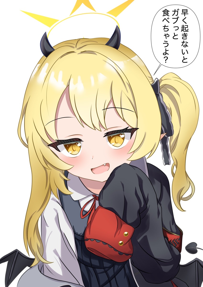 1girl absurdres armband blonde_hair blue_archive bow demon_girl demon_wings fang hair_bow hair_ornament halo highres horns ibuki_(blue_archive) looking_at_viewer open_mouth pointy_ears ribbon side_ponytail sleeves_past_wrists smug solo speech_bubble tatunoko white_background wings yellow_eyes