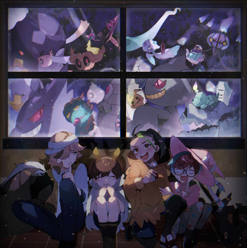 2boys 2girls :d arven_(pokemon) bandaged_head bandages banette black-framed_eyewear black_socks brown_hair chandelure closed_eyes closed_mouth commentary_request dragapult dreepy drifblim drifloon dusclops duskull finger_to_mouth florian_(pokemon) froslass gen_1_pokemon gen_2_pokemon gen_3_pokemon gen_4_pokemon gen_5_pokemon gen_6_pokemon gen_7_pokemon gen_8_pokemon gengar glasses greavard hairband halloween hat hiding highres holding holding_poke_ball houndstone kouta_(pixiv14981568) mabosstiff mimikyu misdreavus multicolored_hair multiple_boys multiple_girls nemona_(pokemon) nintendo open_mouth penny_(pokemon) phantump pink_headwear poke_ball poke_ball_(basic) pokemon pokemon_(creature) pokemon_sv polteageist ponytail round_eyewear scared short_hair shuppet shushing sitting smile socks two-tone_hair window witch_hat